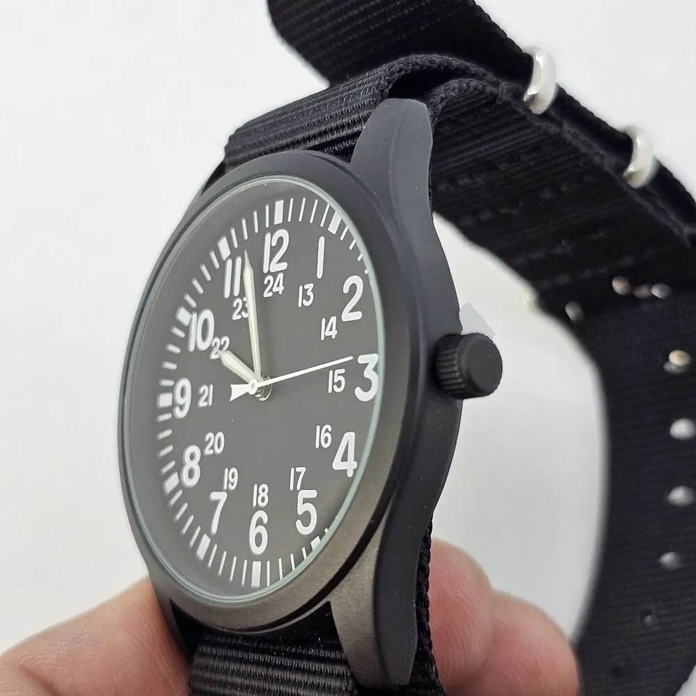 Men's Field Watch 42MM Black Case Black Dial Black Canvas‎ Band Strap